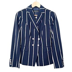 J Peterman Womens Double Breasted Blazer Navy Cream Striped Wool Preppy Size 4
